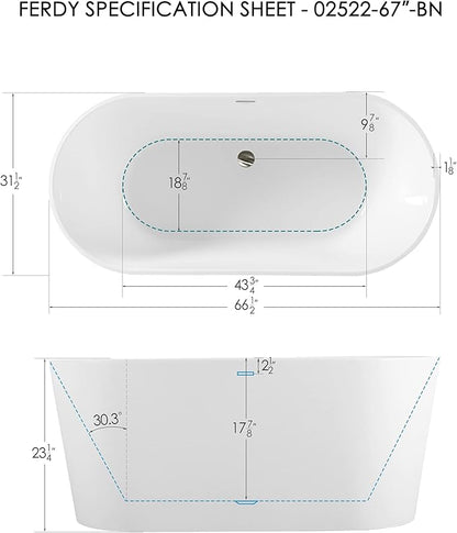 FerdY Shangri-La 67" Acrylic Freestanding Bathtub, Classic Oval Shape Acrylic Soaking Bathtub with Brushed Nickel Drain & Minimalist Linear Design Overflow, Modern White, cUPC Certified