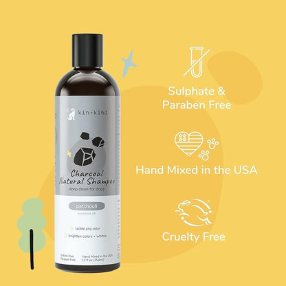 kin+kind Dog Shampoo with Activated Charcoal - Deep Clean Deodorizing Dog Shampoo for Dirt, Odor & Itch Relief - Gentle Grooming Pet Supplies with Aloe, Olive Oil & Coconut Oil - Patchouli 12 fl oz