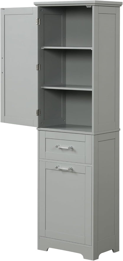Favfurish 68" Tall Bathroom Storage Cabinet with Door and 2 Drawer,Modern Linen Cabinets w/Adjustable Shelf & Magnetic Door Stopper,Freestanding Organizer for Bath Room,Study,Office,Kitchen Grey