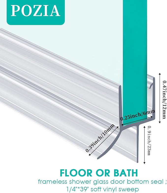 POZIA Clear Frameless Glass Shower Door Bottom Seal | Shower Door Sweep for Leak-Proof, Quick Installation to Create Reliable Water Barrier (2PACK-1/4in-23mm Gap)