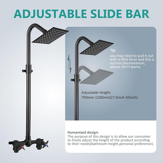 Aolemi Outdoor Shower Kit Fixtures 6 Inch Center with Adjustable Slide Bar,6 Inch Showerhead,2-Handle with Mix Valve,Matte Black