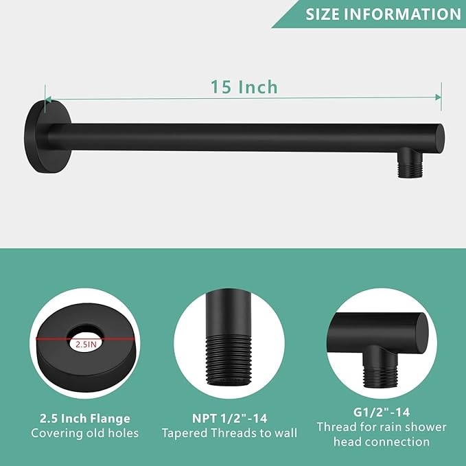 Voolan 15" Round Shower Arm with Flange and Teflon Tape, Extension Shower Head Arm for Bathroom Fixed Shower Head, Solid Stainless Steel, Wall Mounted (Matte Black)