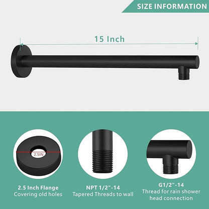 Voolan 15" Round Shower Arm with Flange and Teflon Tape, Extension Shower Head Arm for Bathroom Fixed Shower Head, Solid Stainless Steel, Wall Mounted (Matte Black)