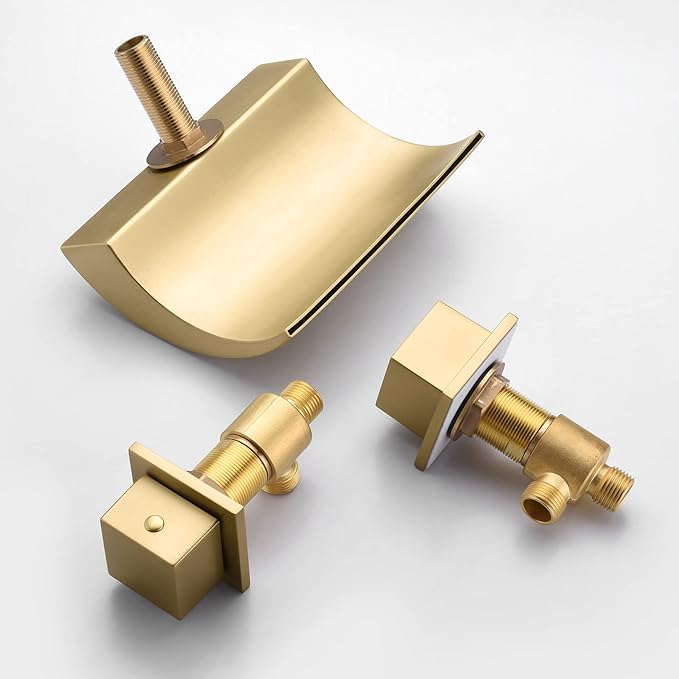 SUMERAIN Bathroom Roman Tub Faucet with Waterfall Spout, 3 Hole Deck Mount Bath Tub Filler Brushed Gold