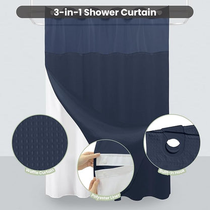 Inhousolu Long No Hook Shower Curtain with Snap in Fabric Liner Set Waffle Weave 230GSM Weighted Hem, Waterproof & Washable Bathroom Curtain Spa Luxury with Mesh Top Window 72" W x 84" L Navy Blue