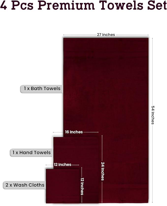 Casa Lino 4 Piece Bath Towel Set | 1 Bath Towel, 2 Wash Cloth, 1 Hand Towels | Bathroom Essentials for New Home, 100% Cotton Luxury Towels, Highly Absorbent Bathroom Set, Burgundy.