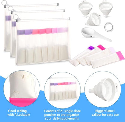 67pcs Protein Powder Travel Container Set 42 Single Dose Bags 6 Large Reusable Supplement Containers Portable Zip Pouches with Funnels Spoons Labels for Travel Gym Bath Salts Storage(Pink Purple)