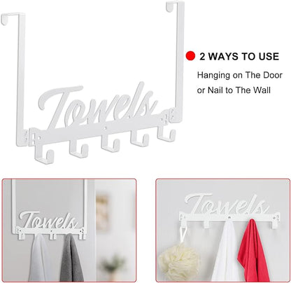 Over The Door Hooks, Towel Rack for Bathroom & Bedroom, Heavy Duty Over Door Towel Hanger with 5 Coat Hooks, White