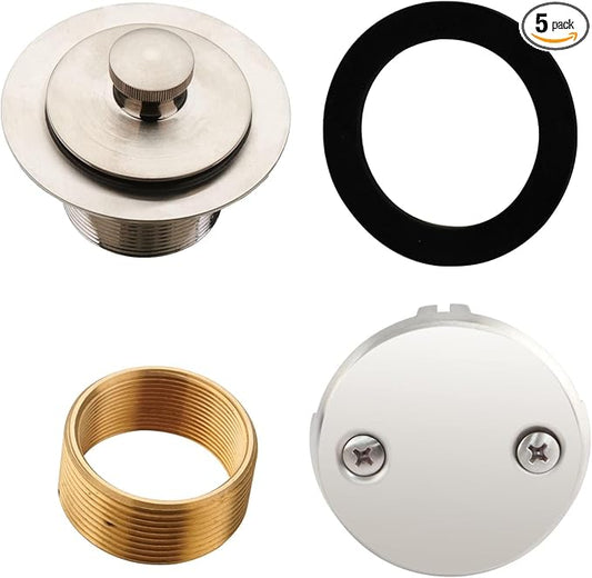 Brushed Nickel Tub Drain Lift &Turn Tub Trim Set with Two-Hole Overflow Faceplate Conversion Kit Assembly, Hidrop Bathtub Drain Replacement Trim Kit and Universal Fine/Coarse Thread