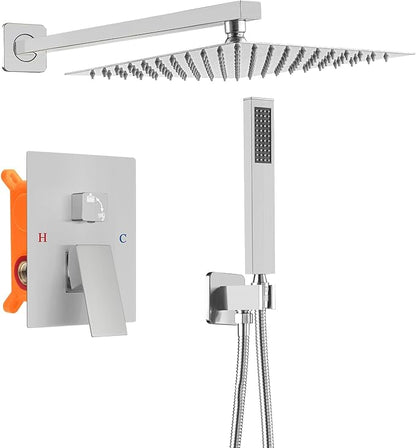 Bathroom Shower Faucet Set，10 Inch Rain Shower Head with Handheld Spray，Brass Shower Valve Trim Kit，Wall Mounted Square Rain Shower System (Brushed Nickel)