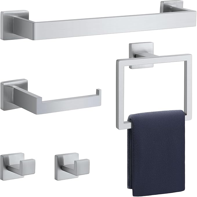 16 in Matte Bathroom Accessories Set, Bath Towel Bar Set, Stainless Steel Bathroom Hardware Set, Towel Racks for Bathroom Wall Mounted 5 Pcs（Silvery）