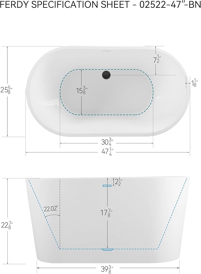 FerdY Shangri-La 47" Acrylic Freestanding Bathtub with Headrest, Small Classic Oval Shape Acrylic Soaking Bathtub with Matte Black Drain & Overflow& Bathtub Pillow, cUPC Certified