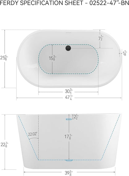 FerdY Shangri-La 47" Acrylic Freestanding Bathtub with Headrest, Small Classic Oval Shape Acrylic Soaking Bathtub with Matte Black Drain & Overflow& Bathtub Pillow, cUPC Certified