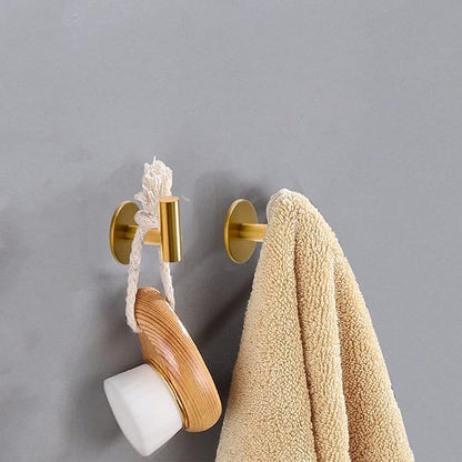Vuzvuv Adhesive Brushed Gold Hooks, SUS304 Stainless Steel Self-Adhesive Towel Coat Robe Heavy Duty Waterproof Hook for Bathrooms Kitchen Hotel (2-Pack)