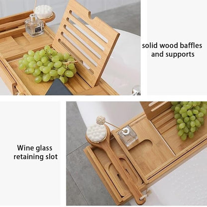 Expandable Bath Tray, Wooden Bathtub Tray Caddy with Solid Wood Bookend, Phone Card Slot, Movable Bamboo Tray