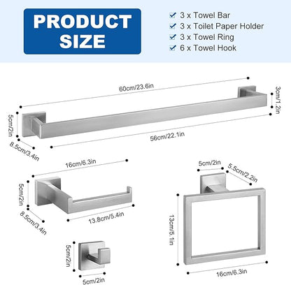 Cilee 10-Pieces Bathroom Hardware Set - Brushed Nickel Bathroom Accessories, 24 Inch Towel Bar, Square Towel Ring, Toilet Paper Holder, Towel Hook, Wall-Mounted Stainless Steel Towel Bar Rack Set