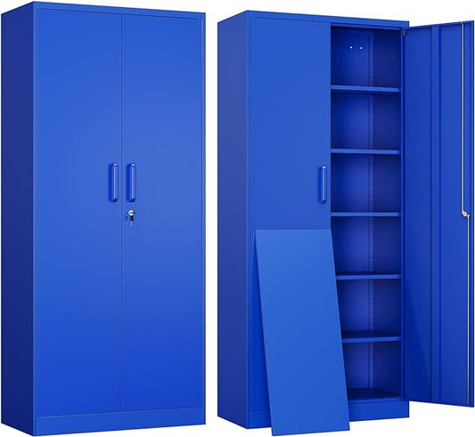 Yizosh Metal Garage Storage Cabinet with 2 Doors and 5 Adjustable Shelves - 71" Steel Lockable File Cabinet,Locking Tool Cabinets for Office,Home,Garage,Gym,School (Blue)