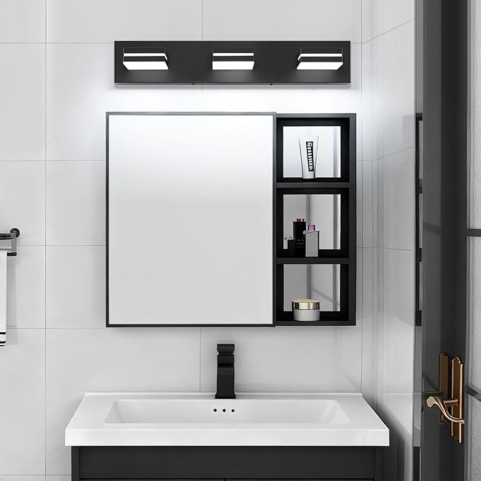 SineRise LED Modern Bathroom Vanity Light Fixtures, Modern Acrylic Bathroom Wall Lighting Fixtures Over Mirror (Cool White 6000K) (3-Light, 24-Inch), Matte Black- Non-dimmable