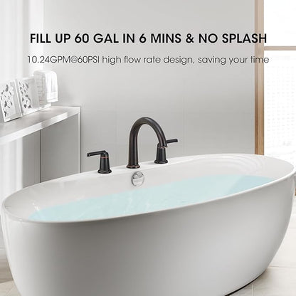 High Flow Roman Tub Faucet with Valve, Widespread Solid Brass 3 Hole Bathtub Faucet, 2 Handle Deck Mount Bath Tub Filler with Supply Water Hoses, Oil Rubbed Bronze