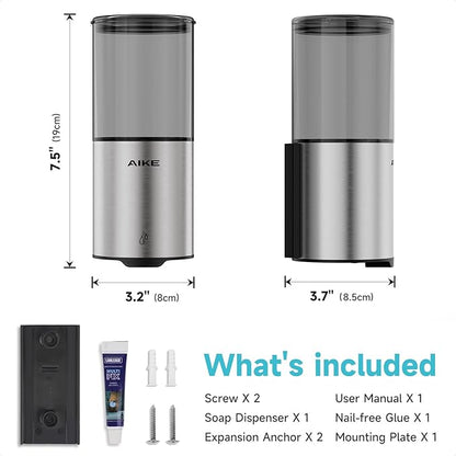 AIKE Automatic Wall Mount Liquid Soap Dispenser for Home and Commercial Bathroom 13.5oz IPX7 Waterproof,Brushed Stainless Steel
