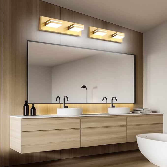 SineRise LED Modern Bathroom Vanity Light Fixtures (2-Light, 15.5-Inch), Matte Gold Modern Acrylic Bathroom Wall Lighting Fixtures Over Mirror (Cool White 6000K)