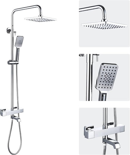Shower Faucet Set 8" Square Shower Head 3 Function Thermostatic Rainfall Shower Faucet Set Handheld Sprayer Tub Spout Polished Chrome with Height Adjustable Slide Bar