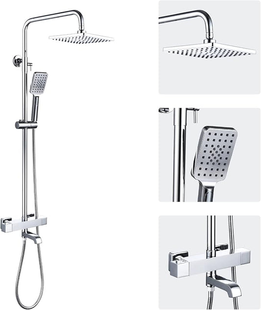 Shower Faucet Set 8" Square Shower Head 3 Function Thermostatic Rainfall Shower Faucet Set Handheld Sprayer Tub Spout Polished Chrome with Height Adjustable Slide Bar