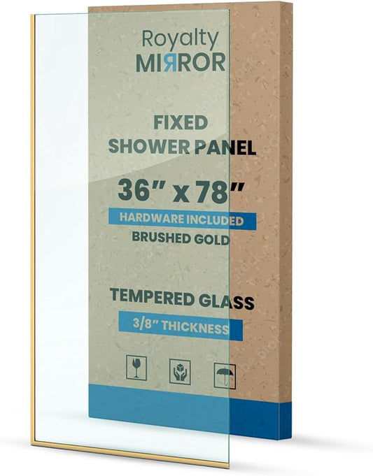 Royalty Fixed Shower Screen - 36" x 78" Frameless 3/8" Clear Tempered Glass Panel with Hardware - Easy Clean Smart Guard Coating - Minimalist Modern Design for Bathroom - Brushed Gold