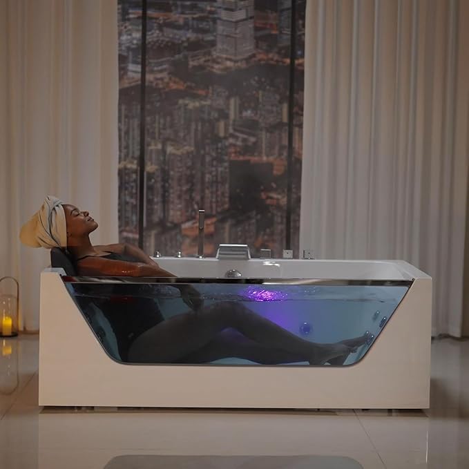 Empava 67” Whirlpool Bathtub with Chromatherapy, Hydrotherapy Jetted Bathtub with Glass Panel, 11 Jets,3-Side Apron,67 Gallons,ETL Certified, White