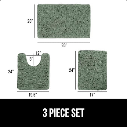 GORILLA GRIP Bathroom Rug Sets 3 Piece, Bath Mat Set and Oval Toilet Base with Rubber Backing, Plush Absorbent Shaggy Chenille Washable Mats, Includes 24x19.5, 24x17 and 30x20 Inch Rugs, Sage