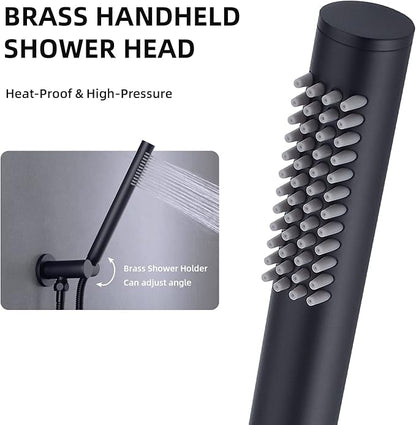TRUSTMI 10 Inch Matte Black Shower System Push Button Diverter Wall Mounted Round Rainfall and Handheld Shower Trim Kit with Valve (Pressure Balance)
