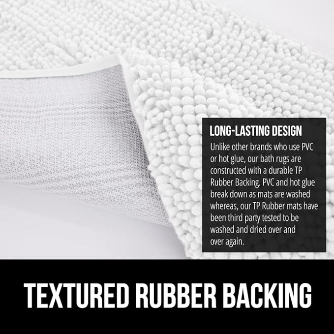 GORILLA GRIP Bath Rug Mat 54x24, Thick Soft Absorbent Chenille, Quick Dry Microfiber Mats, Rubber Backing Washable Shower Floor Rugs, Bathmat Runner, US Designed Bathroom Home Decor Accessories White