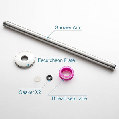 OFFO Shower Arm with Flange, 16 in Brushed Nickel Ceiling Mount Replacement Rain Shower Head Straight Arm Ceiling-Mounted For Fixed Shower Head & High Pressure Rain