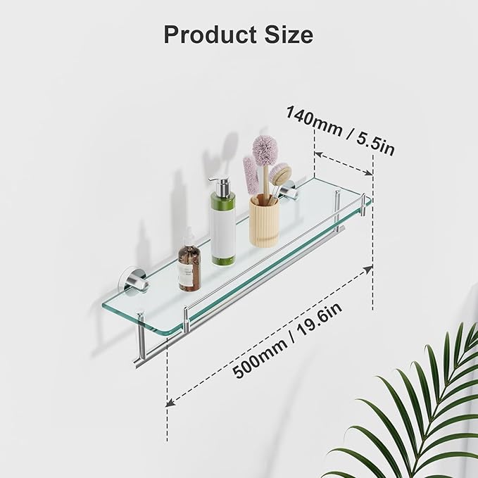 20-Inch Tempered Glass Bathroom Shelf with Towel Bar - Brushed Nickel & Stainless Steel, Wall Mount Rustproof Tower Holder with Shelves