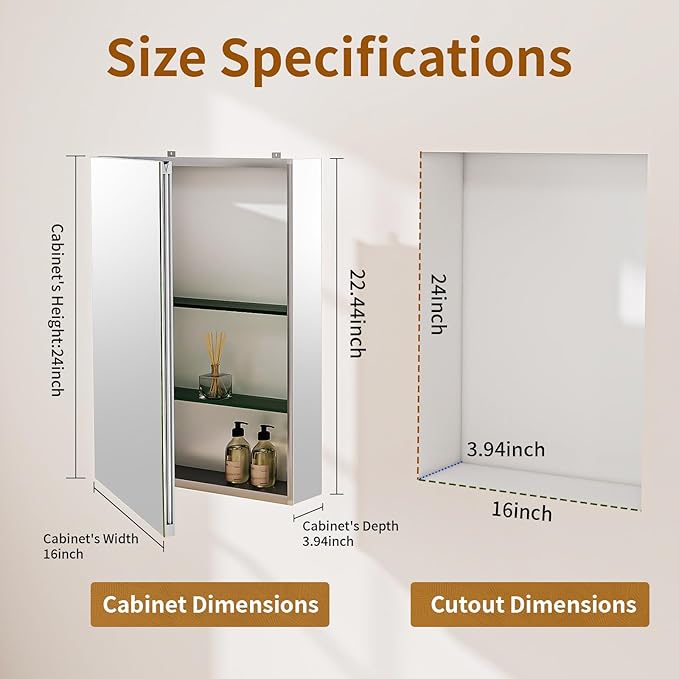 BEAUTYPEAK 16 x 24 Inch Medicine Cabinet with Mirror, Wall Mounted Bathroom Mirror Cabinet, Medicine Cabinet Mirror with Storage & Adjustable Shelves
