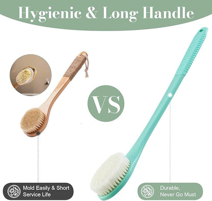 Back Scrubber for Shower, Shower Body Brush for Cleaning with Long Handle for Showering, 17 Inch Back Washer Exfoliator for Shower Men Women with Non-Slip Handle, Adhesive Hook (Celadon Green)