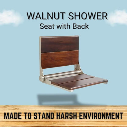 Folding Shower Seat Wall Mounted with Back | 500 lbs Maximum Load Capacity | ADA Compliant Safety Assist Teak Shower Seat for Seniors, Handicapped, and Children | 304 Stainless Steel Frame | 18” x 16”