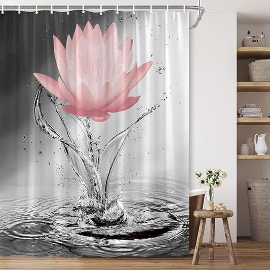 Lotus Shower Curtain Black White Grey Red Flower Elegant Blooming Floral with Dew Spring Flower Reflection on Water Modern Romantic Polyester Fabric Bathroom Decor 70×84 Inch with Hook