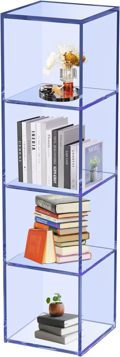 42.5" Acrylic Bookcase, 4-Tier Floor Standing Clear Acrylic Bookshelf, Sturdy Open Display Storage, Clear Bookshelf, Modern High Transparency Organizer for Bedroom, Bathroom, Home Office, Blue