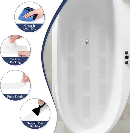28 PCS Shower Floor Non Slip Stickers with Strong Adhesive, Invisible & Durable Anti Slip Shower Stickers with Scraper for Bath Tub, Pools and Stairs(Clear,Wide Rectangle)