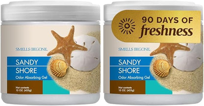 SMELLS BEGONE Air Freshener Odor Absorber Gel - 15 oz, Pack of 2 - Absorbs and Eliminates Odor in Pet Areas, Bathrooms, Cars, & Boats - Made with Essential Oils - Sandy Shore Scent