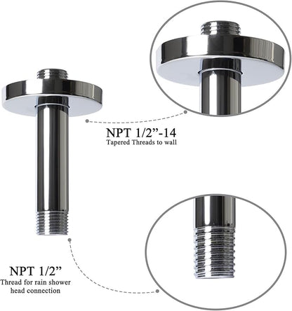 4 Inch Shower Arm with Flange, Ceiling Mounted Shower Head Extension Arm, 1/2 NPT Straight Arm for Rain Shower Head, Stainless Steel Shower Head Extension Replacement Pipe Arm,Chrome