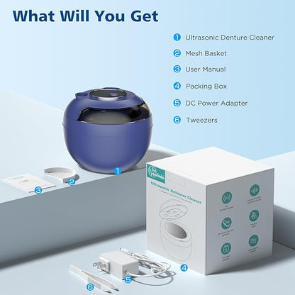 45kHz Ultrasonic Retainer Cleaner Machine, 200ML Denture Cleaner, 4 Modes with Digital Timer Mouth Guard Cleaner for Aligner, Night Guard, Braces, Toothbrush, Jewelry and More (Navy Blue)