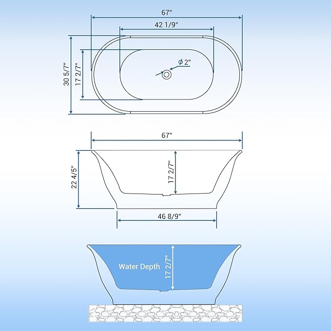 67" Free Standing Tub, Acrylic Soaking Bathtub, Stand Alone Freestanding Tub with Matte Sliver Drain and Overflow, Contemporary Bathtub for Bathroom, Flora