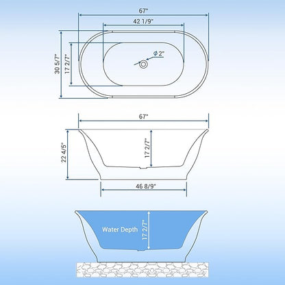 67" Free Standing Tub, Acrylic Soaking Bathtub, Stand Alone Freestanding Tub with Matte Sliver Drain and Overflow, Contemporary Bathtub for Bathroom, Flora
