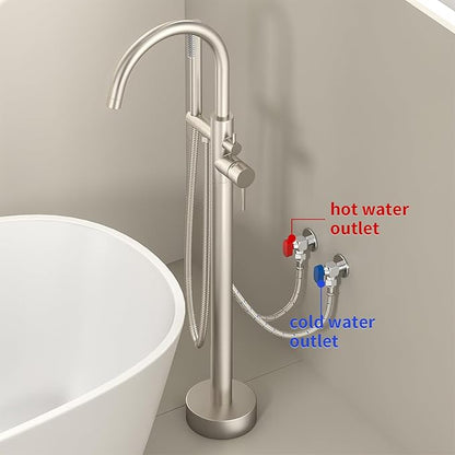 Freestanding Bathtub Faucet Waterfall Tub Filler Brushed Nickel Floor Mount Brass Single Handle Bathroom Faucets with Hand Shower (Electroplating color, Water in the side)