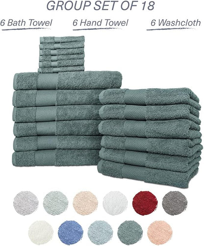 Hencely 18-Piece Bath Towel Set - High Absorbency, Quick Drying - 100% Soft Turkish Cotton - 6 Bath Towels, 6 Hand Towels, 6 Washcloths - for Bathroom, Home, Hotel, Spa, and Gym - 18-Pack Dark Green