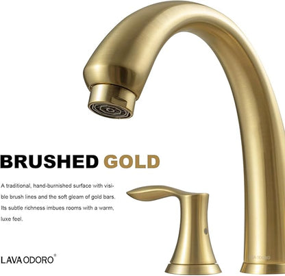 Lava Odoro Brushed Gold Roman Tub Faucet, 2 Handle Bathtub Faucet with Valve, High Flow 8 inch Widespread Deck Mount Tub Faucet, Solid Brass 3 Hole Bath Tub Filler TF405-SG