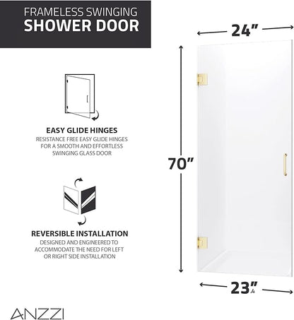 ANZZI 70" x 24" Frameless Shower Door in Gun Metal Black, Passion Water Repellent Glass Shower Door with Seal Strip Parts and Handle, 5/16 Glass Hinged Shower Door with Handle (SD-AZ09-01GB)