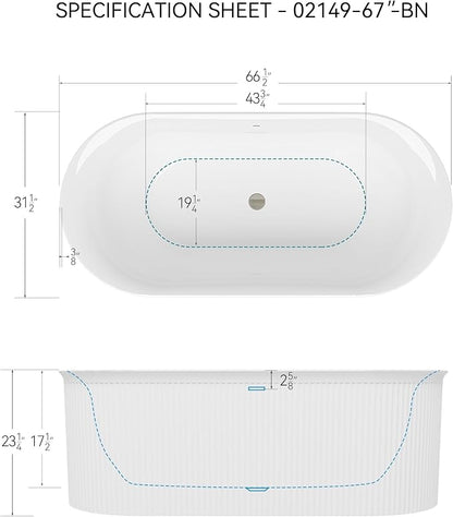 FerdY Nami 67" Acrylic Freestanding Bathtub, V Shape Freestanding Soaking Acrylic Bathtub, Modern White, Brushed Nickel Pop-Up Drain and Minimalist Design Overflow, cUPC Certified